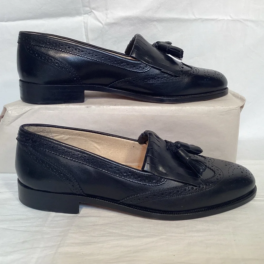 Brass Boot Vintage Italian Made Men's Black Leather Wingtip Tassel Loafers 8 1/2